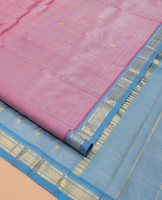 Pink Kanchipuram Silk Saree, Sparsely Woven with Zari Buttas, a Contrast One-Sided Border of Rekku and Jaal Designs, Zari Design Pallu, and a No Blouse