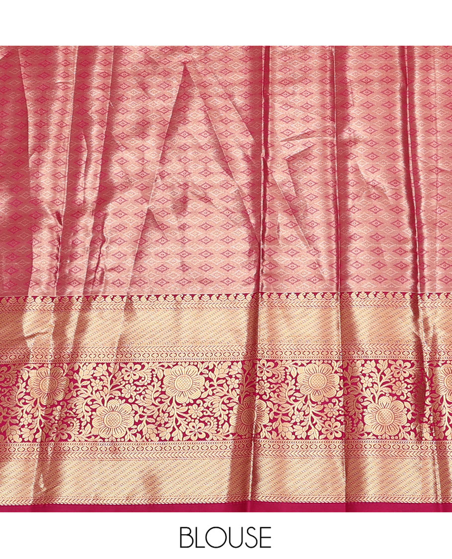 Sandal Art Silk Material Half Saree, Majestically Detailed with Jacquard Skirt, a Contrast Floral Vine Zari Border, Contrast Blouse, and an Intricate Dhavani