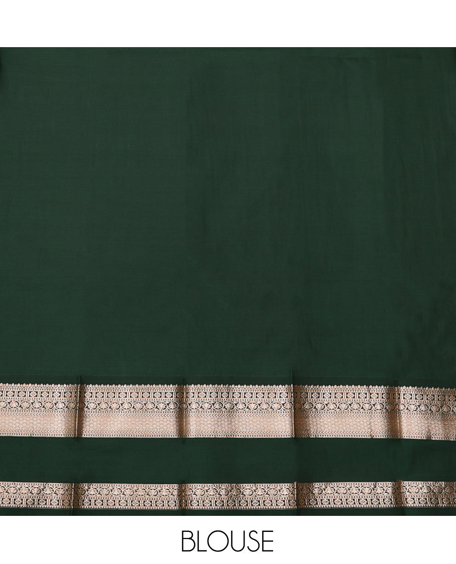 Sandal Budget Silk Saree, Sparsely Woven with Zari Buttas, Complemented by Contrast Traditional Zari Rettai Pettu Border, Grand Pallu, and a Contrast Blouse