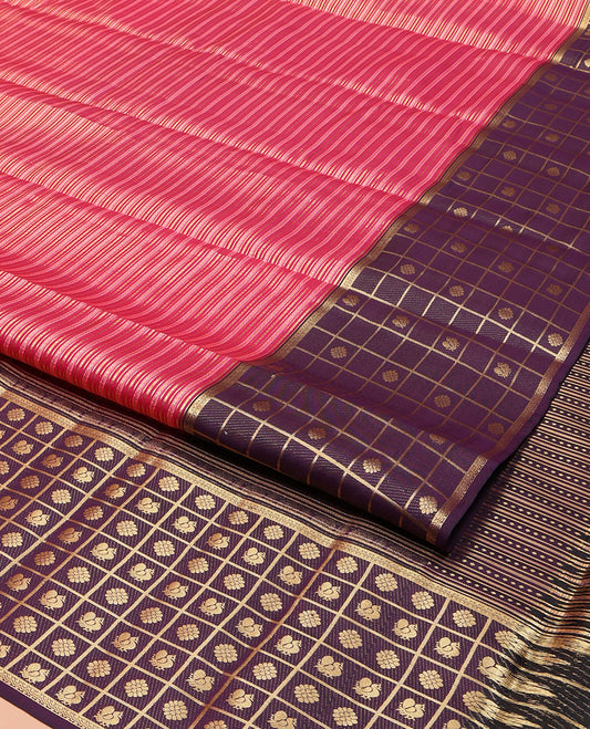 Pink Vasundhara Lite Silk Mix Saree, Richly Detailed with Neli Stripes and Stripes on Its Body, Complemented by a Contrast Border of Annam-Chakram Butta Enclosed Checks Designs, Intricately Designed Pallu, and Paired with a Contrast Blouse