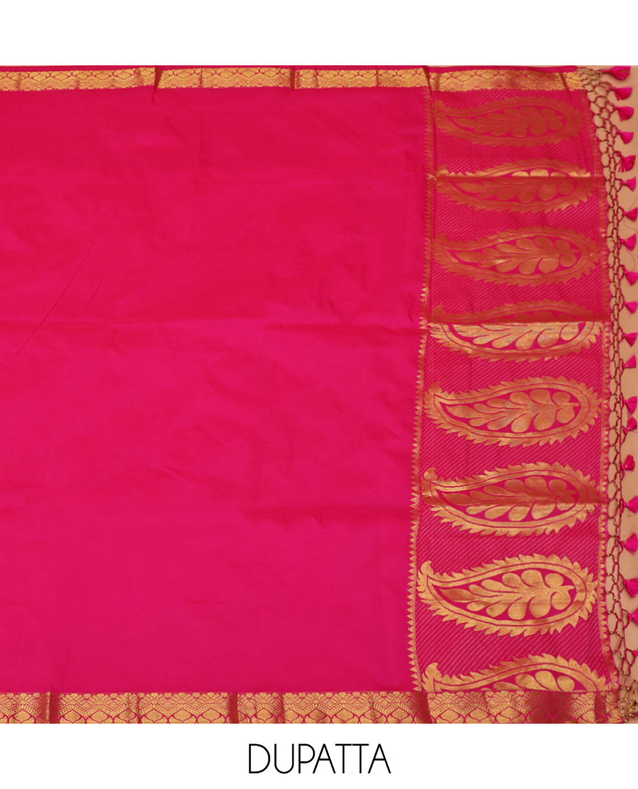 Sandal Art Silk Material Half Saree, Majestically Detailed with Jacquard Skirt, a Contrast Floral Vine Zari Border, Contrast Blouse, and an Intricate Dhavani