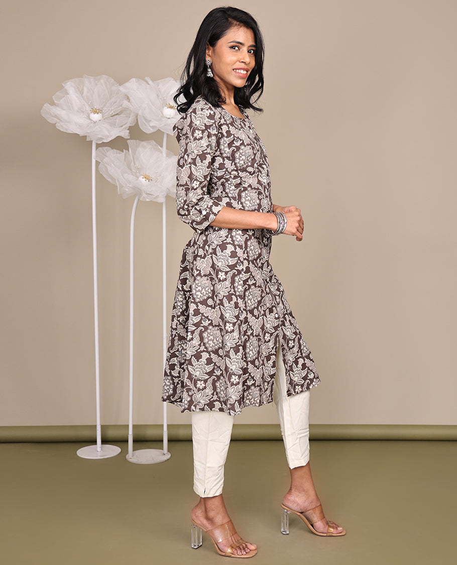 Brown Floral Printed Below-Knee-Length Cotton Kurti, Adorned with Round Neckline, 3/4 Sleeves, and A-Line Length