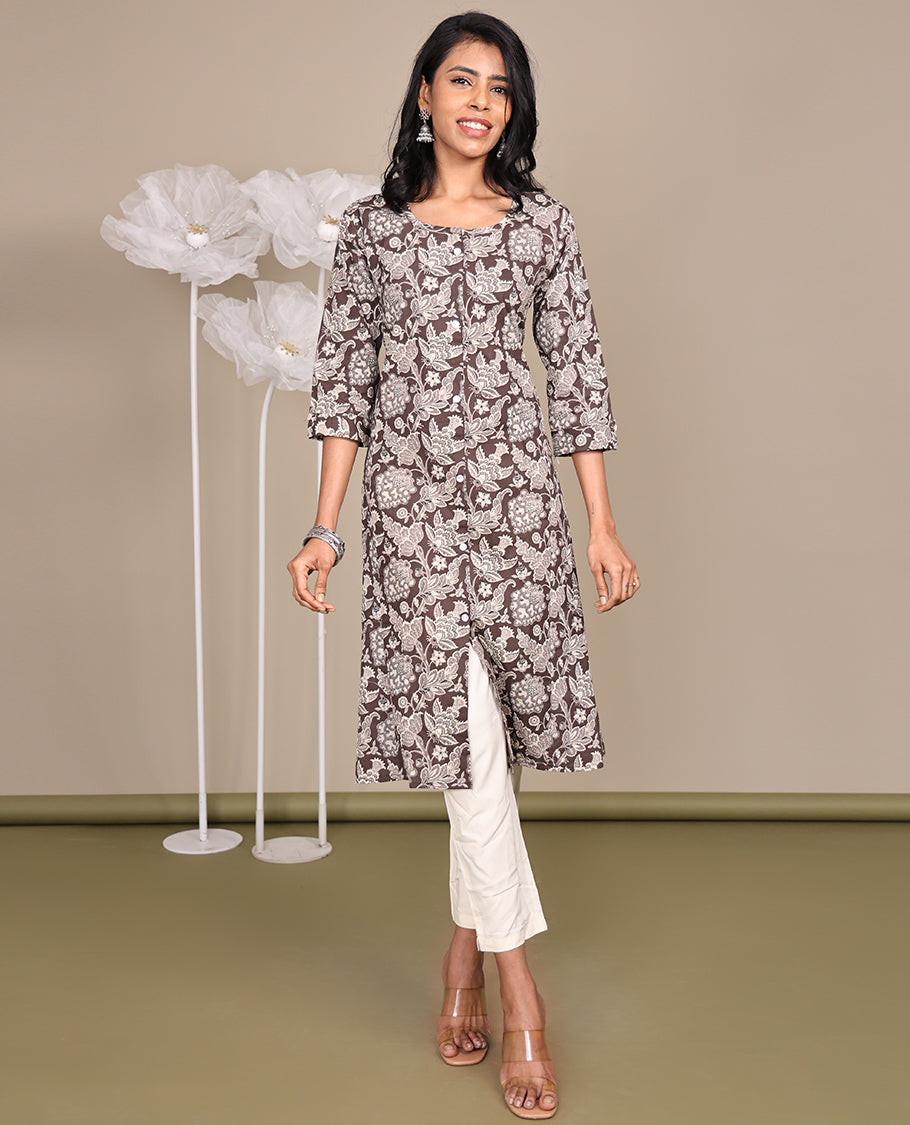 Brown Floral Printed Below-Knee-Length Cotton Kurti, Adorned with Round Neckline, 3/4 Sleeves, and A-Line Length