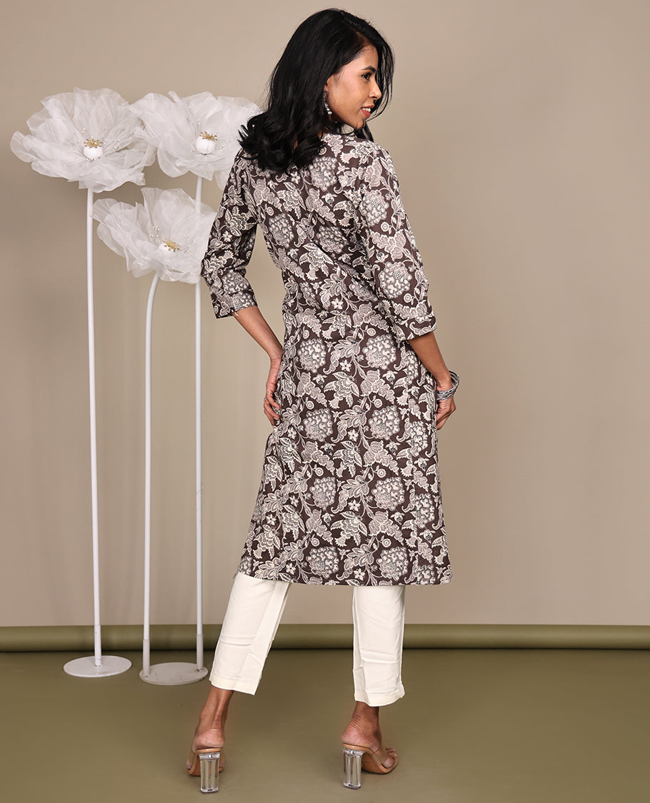 Brown Floral Printed Below-Knee-Length Cotton Kurti, Adorned with Round Neckline, 3/4 Sleeves, and A-Line Length