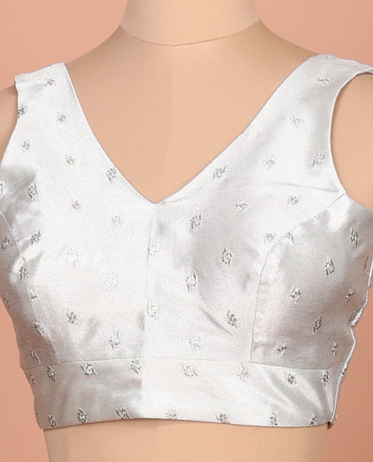 Sliver embroidered buttas front-back V-neck sleeveless readymade blouse