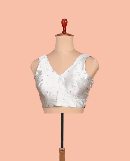 Sliver embroidered buttas front-back V-neck sleeveless readymade blouse