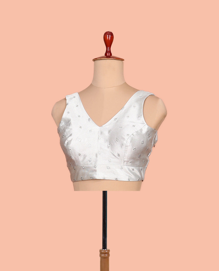 Sliver embroidered buttas front-back V-neck sleeveless readymade blouse