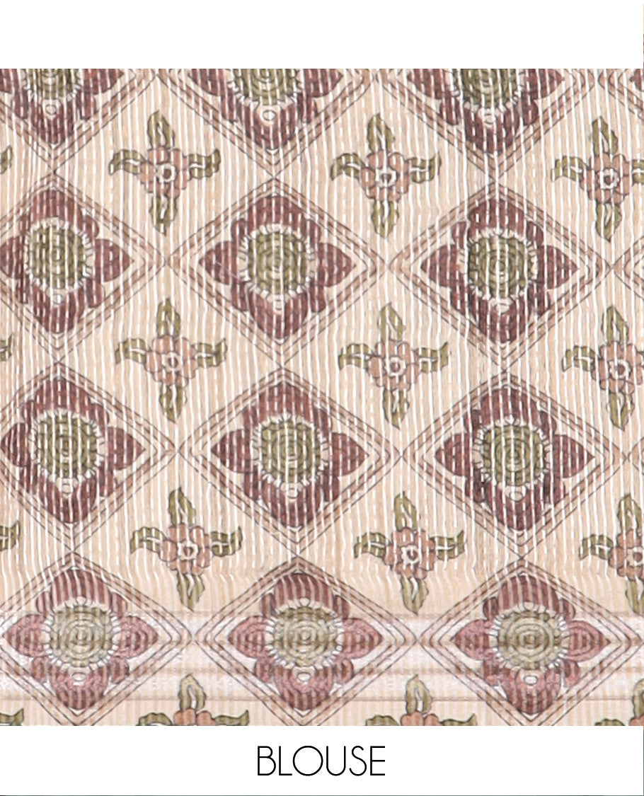 Sandal kalamkari floral and floral vine printed tussar saree, contrast border, and striped pallu