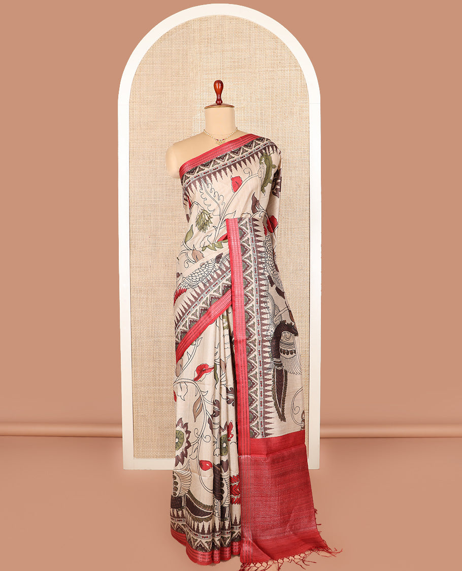 Sandal kalamkari floral and floral vine printed tussar saree, contrast border, and striped pallu