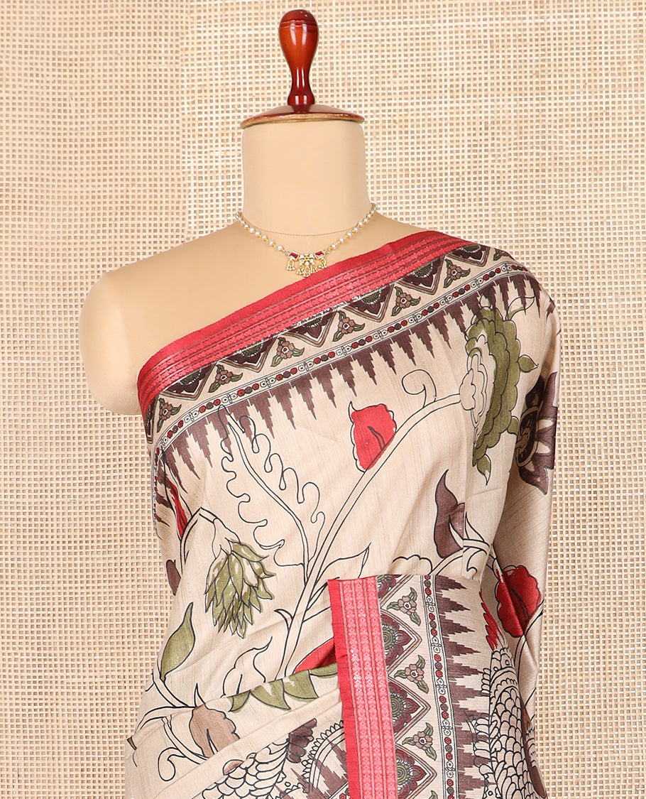 Sandal kalamkari floral and floral vine printed tussar saree, contrast border, and striped pallu