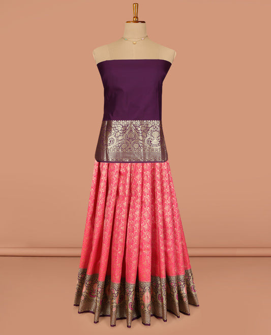 Pink Art Silk Pavadai Material, Ornamented with Jacquard Design, Contrast Mughal-Style Design Border, and Comes with a Contrast Blouse
