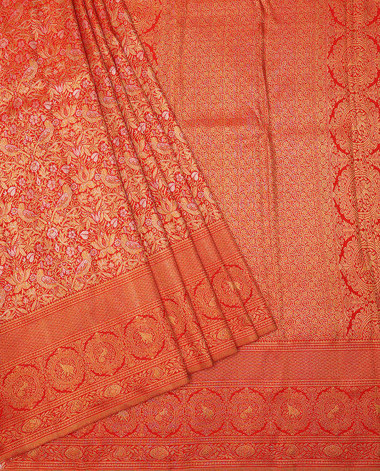 Red jacquard silk saree, zari border of rekku,rettai neli,jaal,kodi visiry,round yaanai & round mayil & intricate pallu