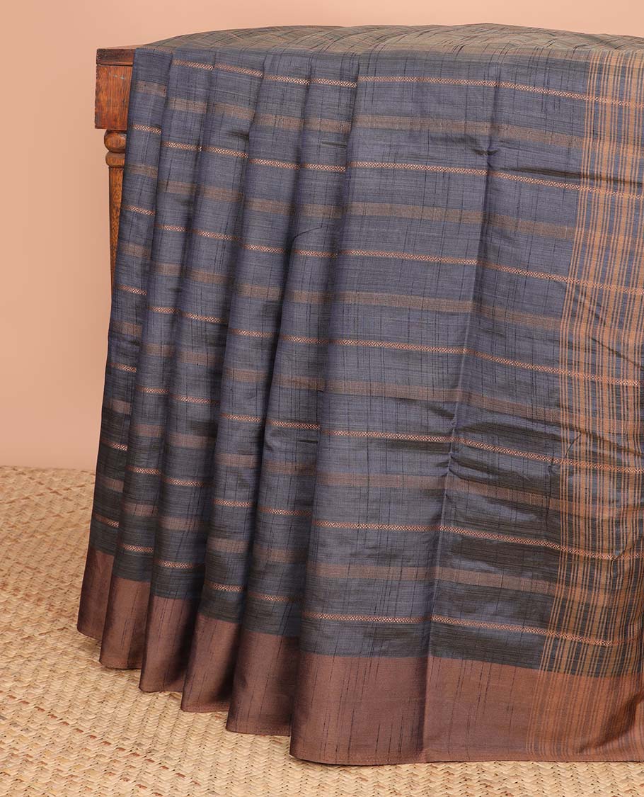 Blue striped semi-banaras tussar saree with contrast border & checked pallu