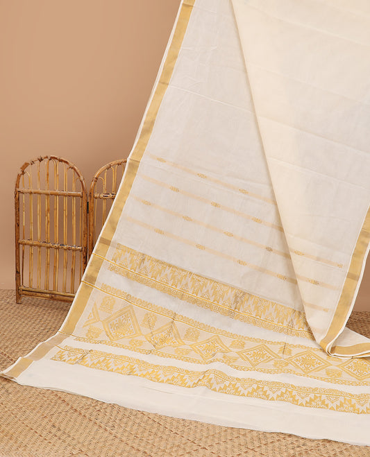 Cream kerala saree with zari stripes, zari border & pallu of intricate designs