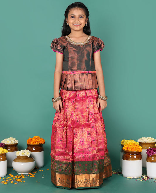 Pink readymade art silk pavadai, jacquard & contrast zari border skirt, & jacquard & embroidery round neck puff-sleeve blouse