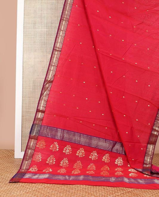 Red motifs chanderi cotton saree with contrast traditional zari design border & floral design pallu