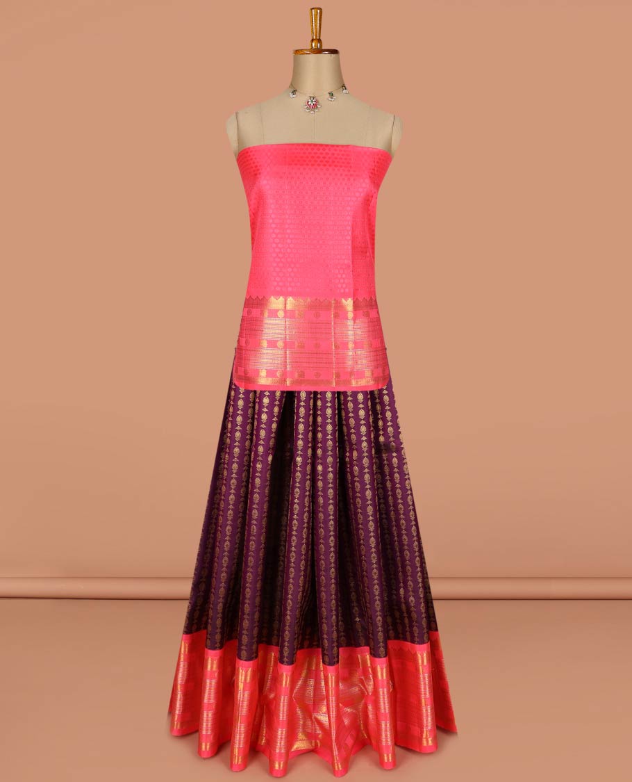 Purple pure-silk half-saree, buttas with a contrast mayil chakram bordered skirt, contrast blouse, and a leaf jaal dhavani