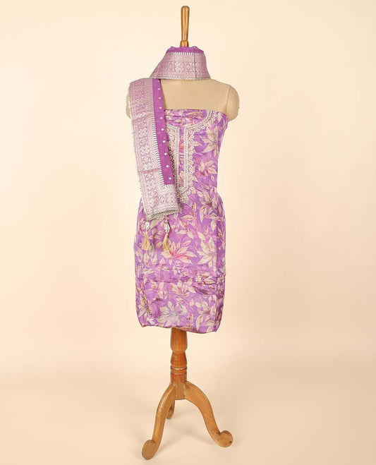 Purple material chudidhar set, floral print & embroidered top, plain bottom & buttas dupatta