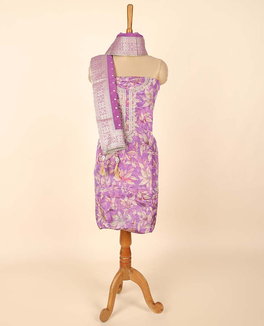 Purple material chudidhar set, floral print & embroidered top, plain bottom & buttas dupatta