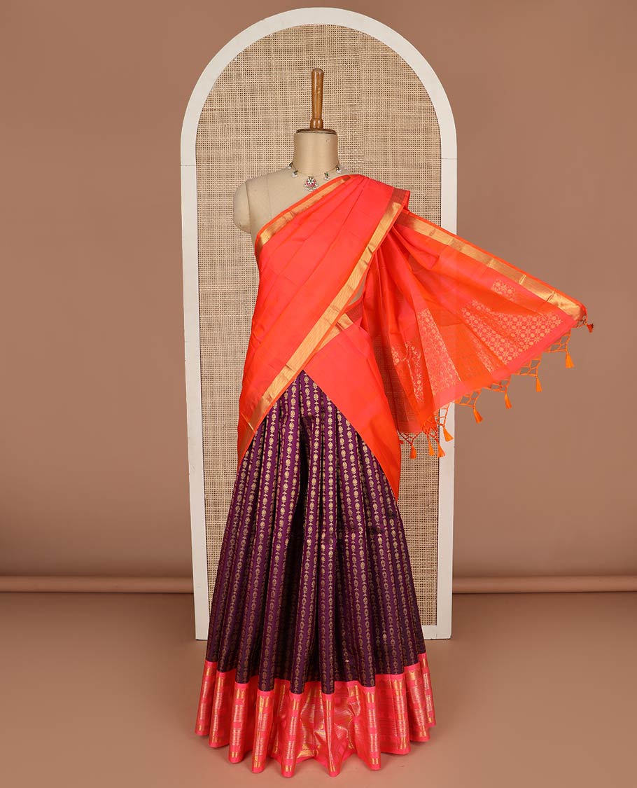 Purple pure-silk half-saree, buttas with a contrast mayil chakram bordered skirt, contrast blouse, and a leaf jaal dhavani
