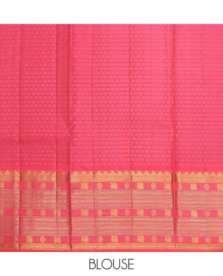 Purple pure-silk half-saree, buttas with a contrast mayil chakram bordered skirt, contrast blouse, and a leaf jaal dhavani