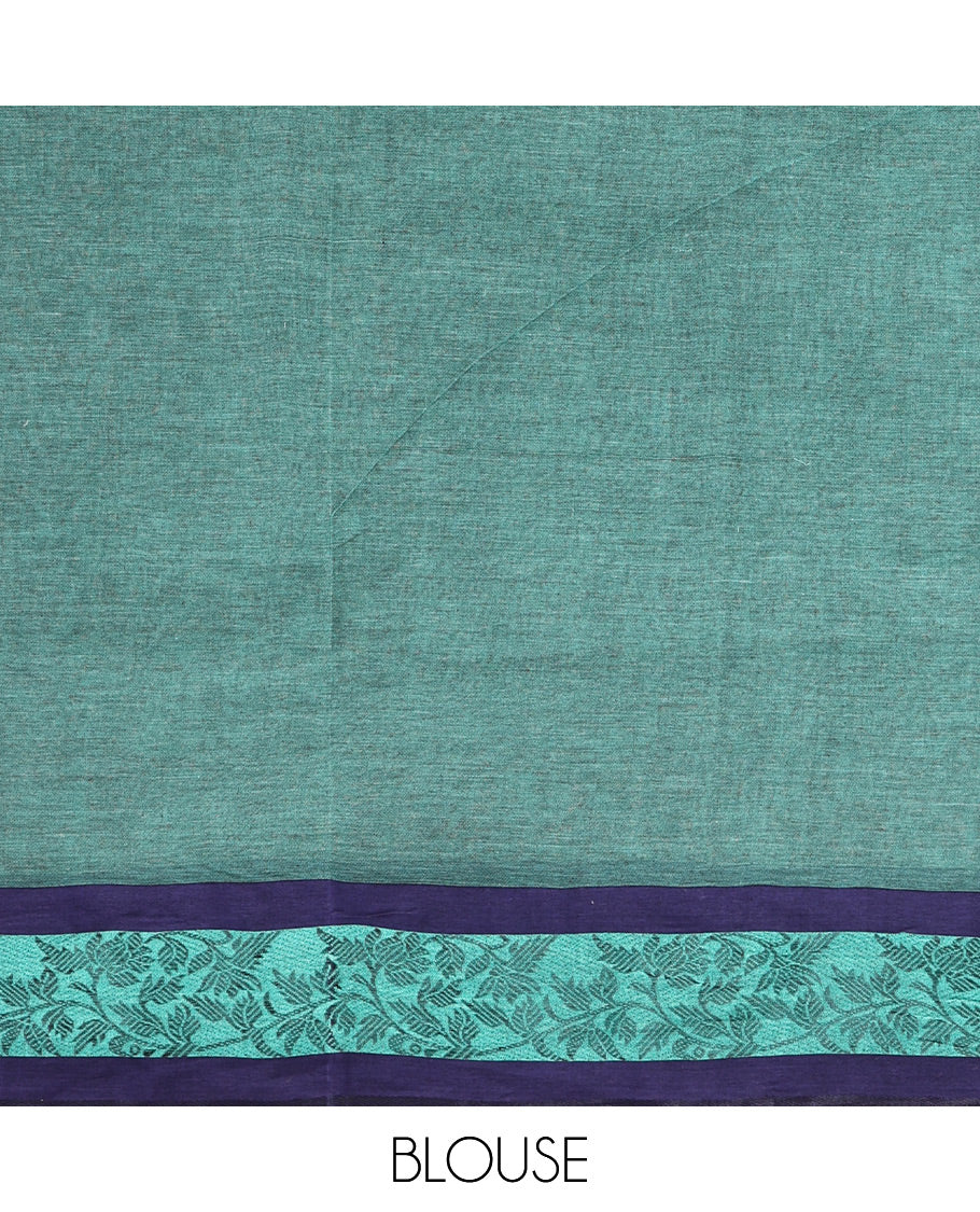 Blue Plain Bengal Cotton Saree, Complemented by a Contrast Floral Creeper Design Border, Pallu of Stripes, and Paired with a Matching Blouse
