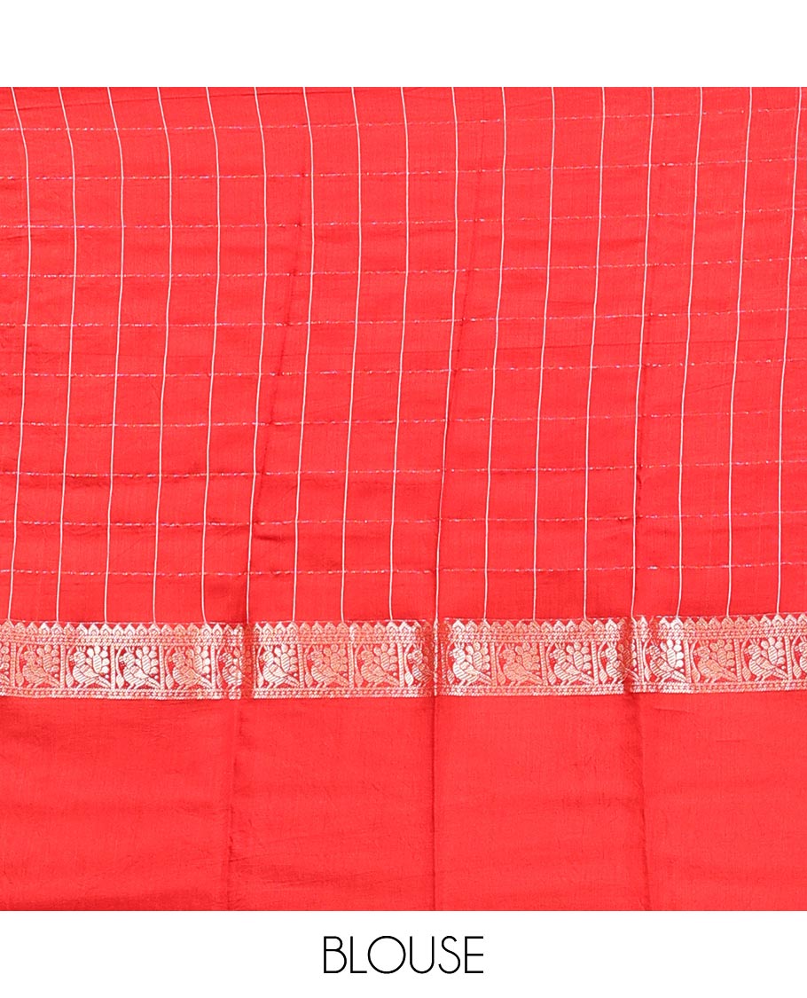 Yellow Assam Silk Saree, Sparsely Woven with Checks, Complemented by a Contrast Bird Motifs Zari Border, Zari-Striped Pallu, and a Contrast Blouse