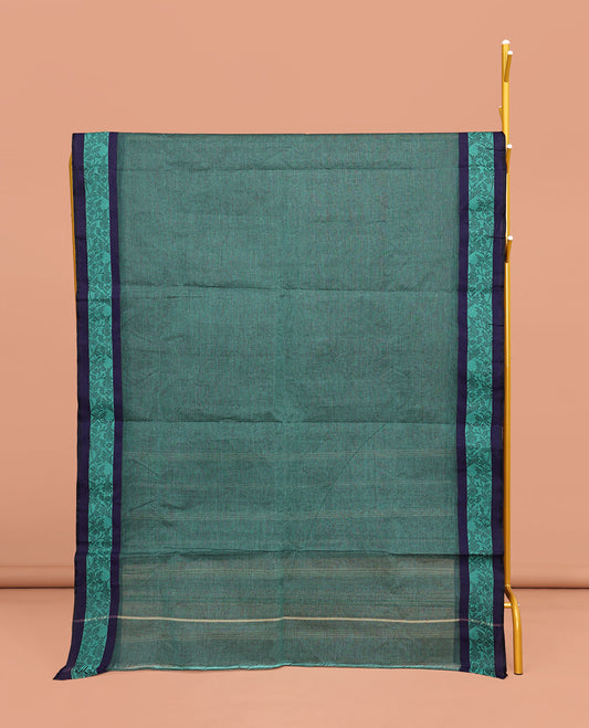 Blue Plain Bengal Cotton Saree, Complemented by a Contrast Floral Creeper Design Border, Pallu of Stripes, and Paired with a Matching Blouse