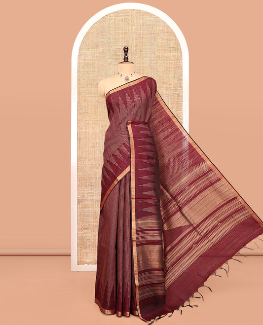 Brown Dupion Silk Saree, Steeped with Stripes, a Self-Temple Zari Border, Gleaming Zari Temple Pallu, and a Matching Blouse
