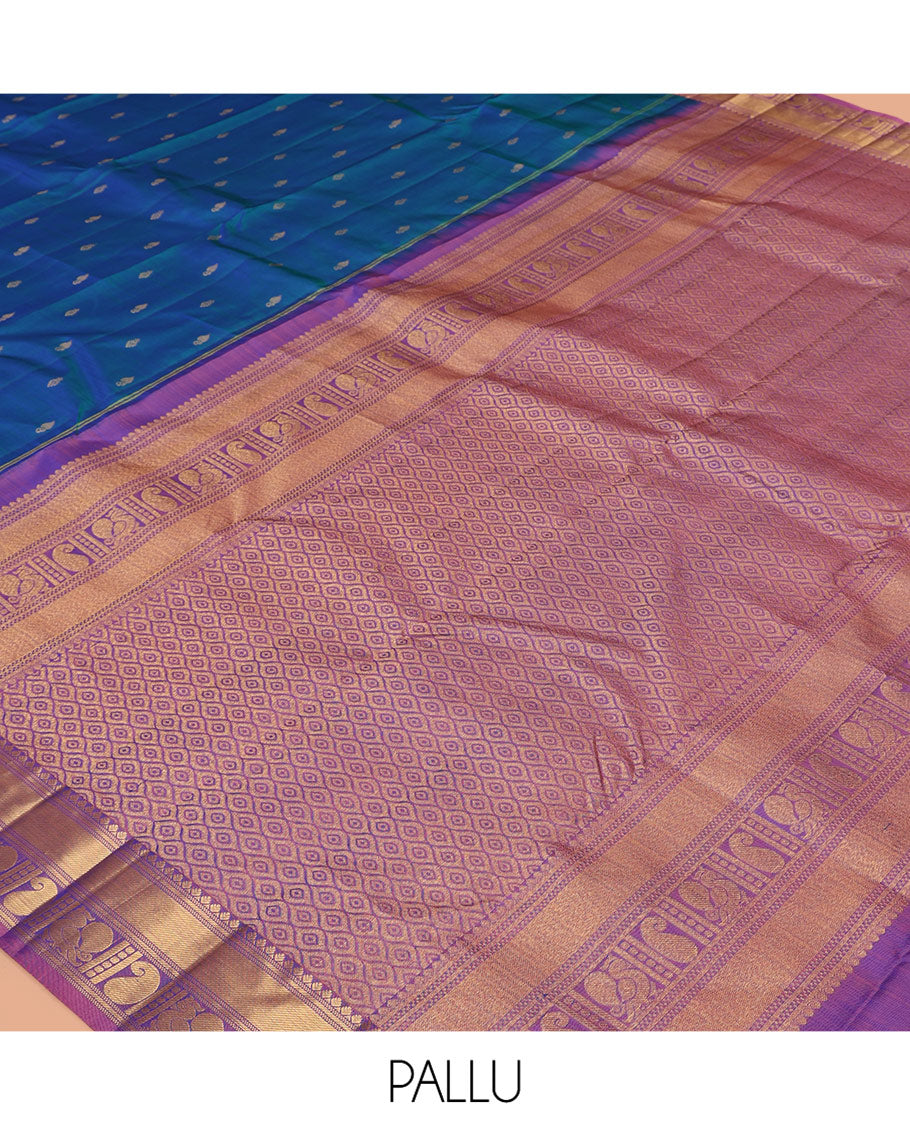 Blue Vasundhara Silk Saree, Woven with Zari Buttas, a Contrast Border of Manga and Mayil Designs, Grand Pallu, and a Contrast Blouse