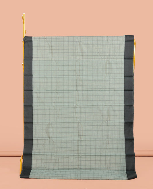 Grey Semi-Silk Cotton Saree, Subtly Sparkled with Checks All Over Its Body, Complemented by a Contrast Border, Pallu Steeped with Stripes, and Paired with a Matching Blouse