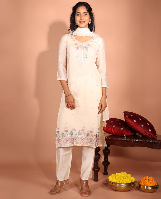 Cream Chanderi Silk Readymade Suit