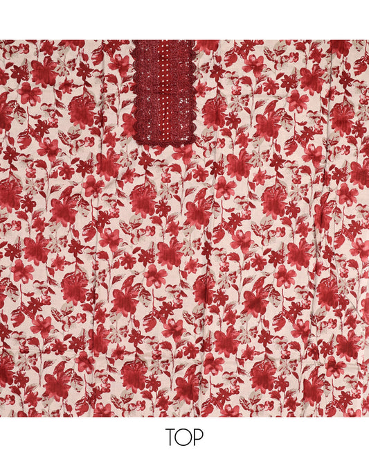 Red Material Chudidar Set, Adorned with Floral Motifs Print and Embroidery on Cotton Top, a Polka Dot Printed Cotton Bottom, and Paired with a Floral Printed Cotton Dupatta