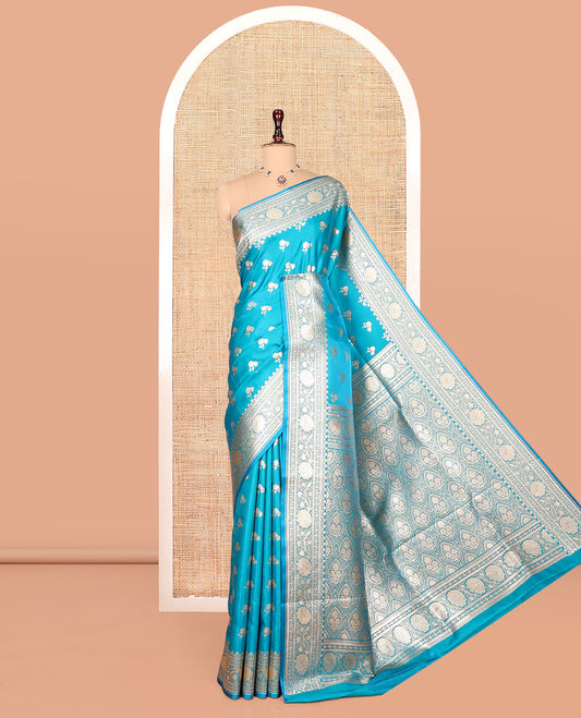 Blue Banarasi Nylon Saree, Detailed with Buttas, Floral Creeper Zari Border, Intricate Pallu, and a Matching Blouse