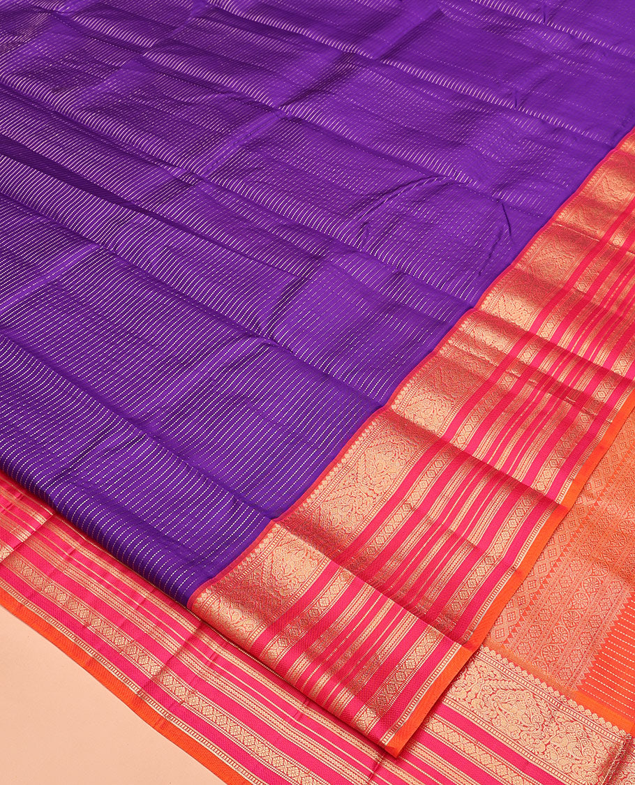Violet-Pink Vasundhara Silk Saree Features Zari Stripes, a Contrast Border of Thilakam Mokku, Muthu, Mayil, Neli, and Cross Kamalam, Jaal Pallu, and a Contrast Blouse