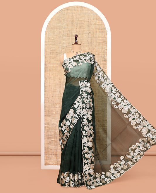Green Plain Organza Saree, a Scalloped Flower-Motif Thread Embroidery Border, a Self-Pallu, and a Matching Embroidered Blouse