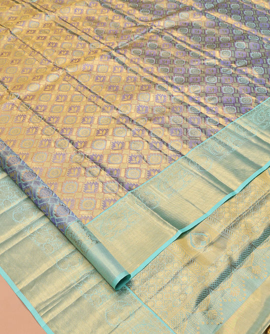 Lavender Jacquard Kanchipuram Tissue Silk Saree, a Contrast Border of Thilakam, and Mayil Designs, Grand Pallu, and Contrast Blouse