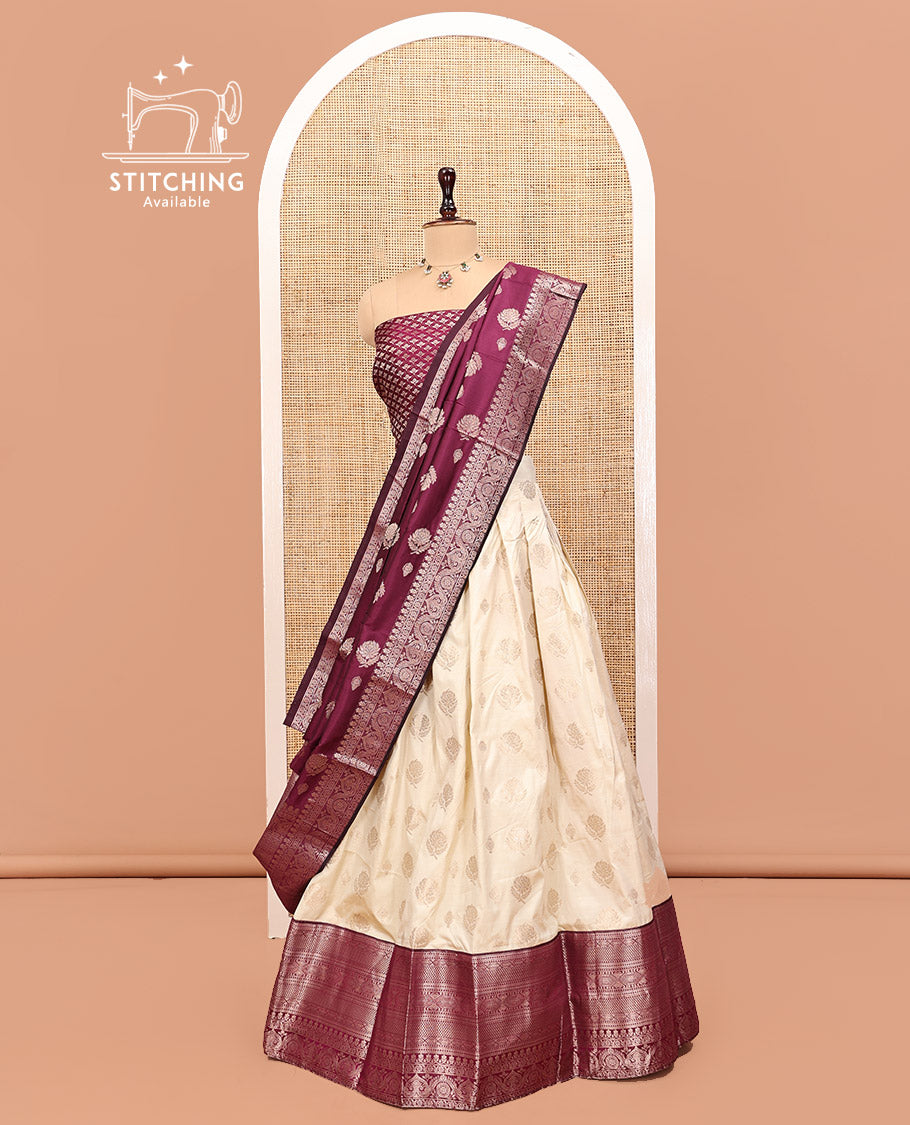 Cream-Wine Art Silk Half Saree, Embellished with Zari Buttas Skirt, Contrast Traditional Border, Jacquard Blouse, and a Contrast Banaras Dhavani