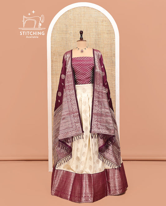 Cream-Wine Art Silk Half Saree, Embellished with Zari Buttas Skirt, Contrast Traditional Border, Jacquard Blouse, and a Contrast Banaras Dhavani