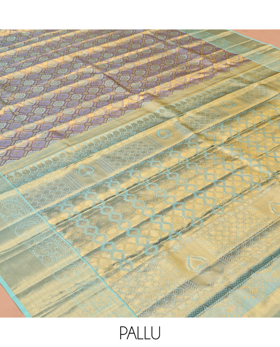 Lavender Jacquard Kanchipuram Tissue Silk Saree, a Contrast Border of Thilakam, and Mayil Designs, Grand Pallu, and Contrast Blouse