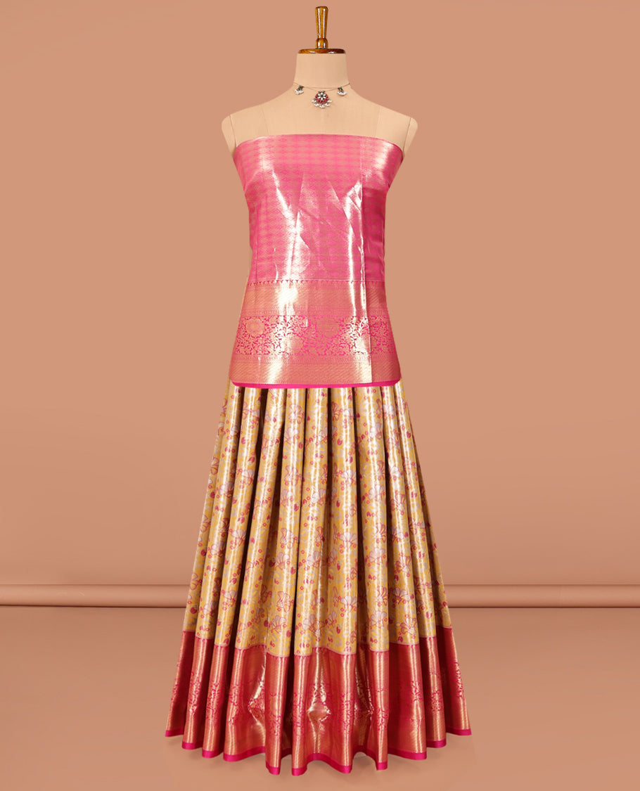 Sandal Art Silk Material Half Saree, Majestically Detailed with Jacquard Skirt, a Contrast Floral Vine Zari Border, Contrast Blouse, and an Intricate Dhavani