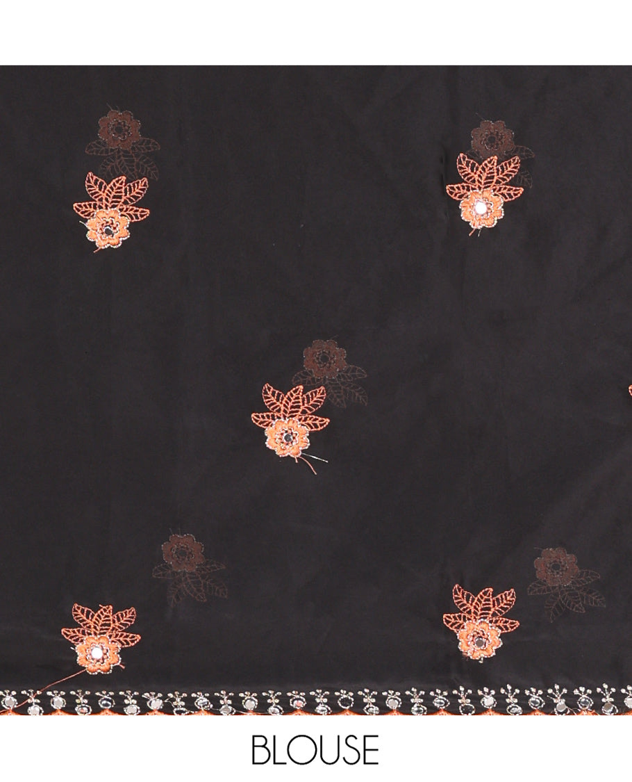 Rust Rangoli Chiffon Saree, Adorned with Flower-Style Motifs Embroidered on Its Body, a Subtle Scallop Embroidered Border, a Self-Pallu, and Paired with a Contrast Embroidered Blouse