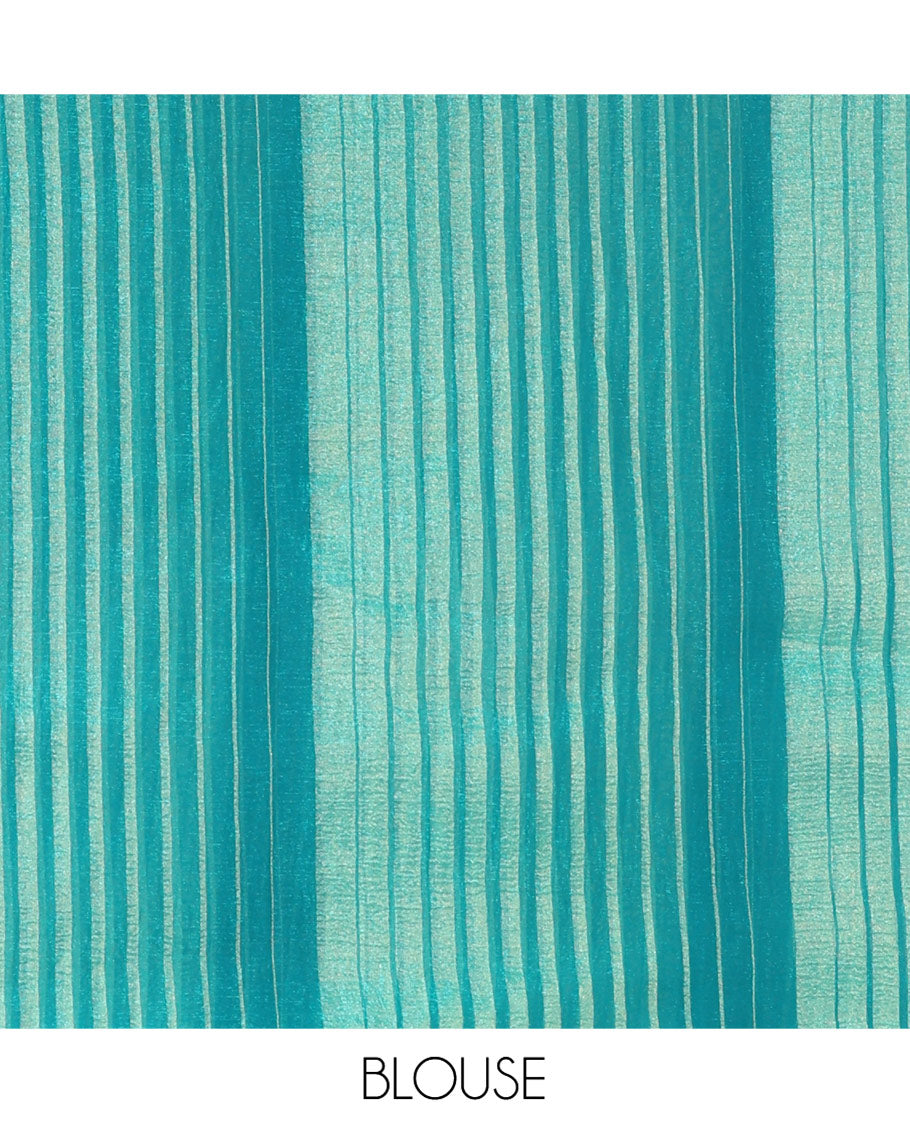 Borderless Rama Blue Lightweight Chiffon Saree, Subtly Printed with Stripes on Its Body, Self-Pallu of Stripes, and Paired with a Matching Blouse