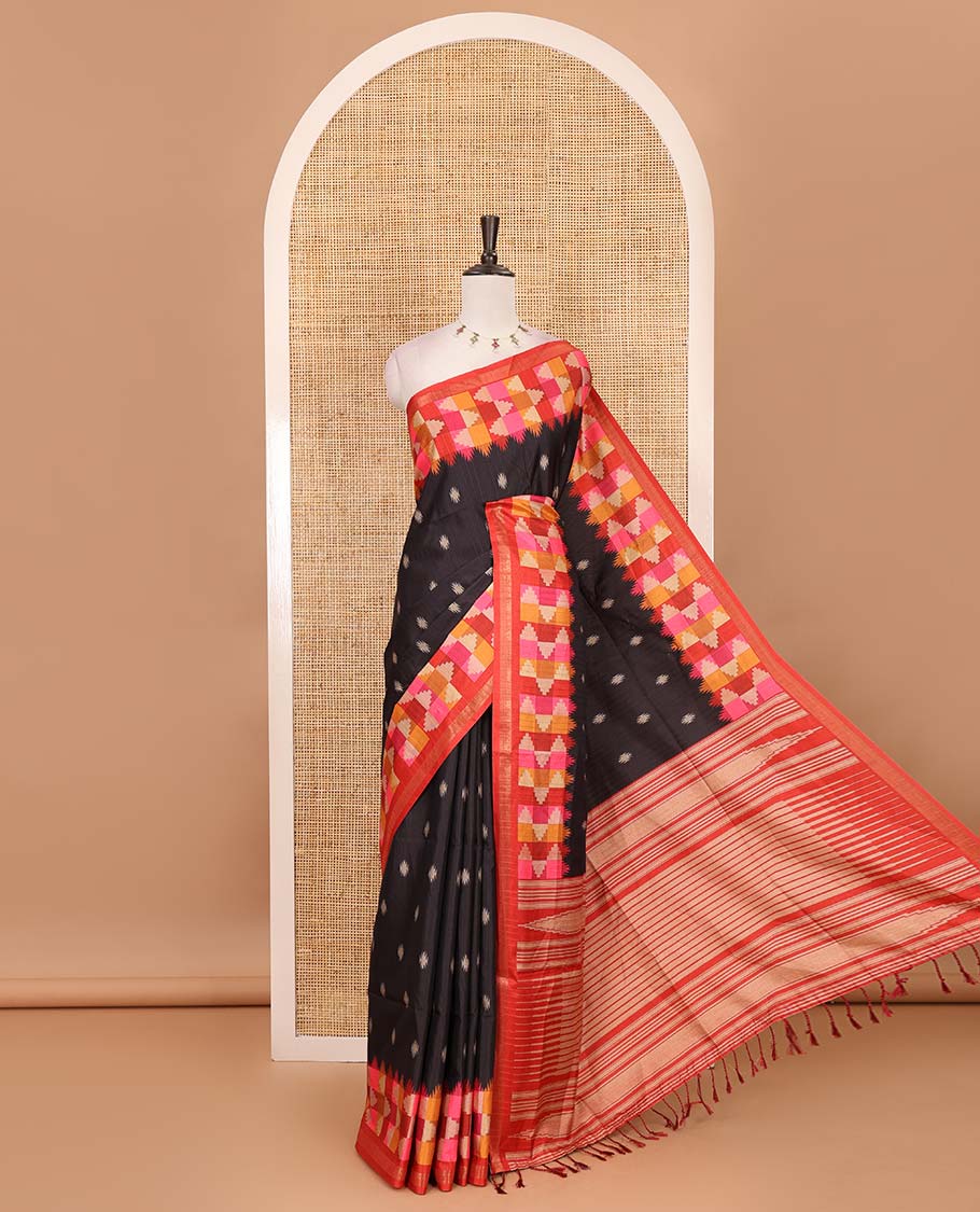Black striped and buttas kathan silk saree, contrast multi-color temple border, seer printed pallu, and contrast printed blouse