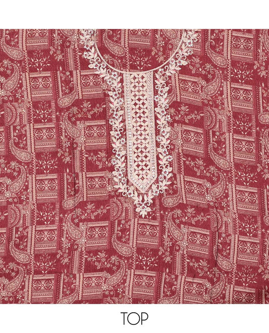 Maroon chudidhar material set floral thread embroidered top with plain bottom & sequins embroidered dupatta