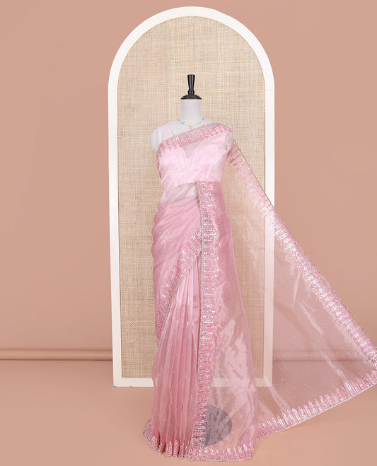 Pink Designer Saree, Subtly Sparkled with Stone Work on Its Body, Highlighted by a Scallop Floral-Themed  Stone-Thread Embroidered Border, Self-Pallu, and Paired with a Matching Blouse