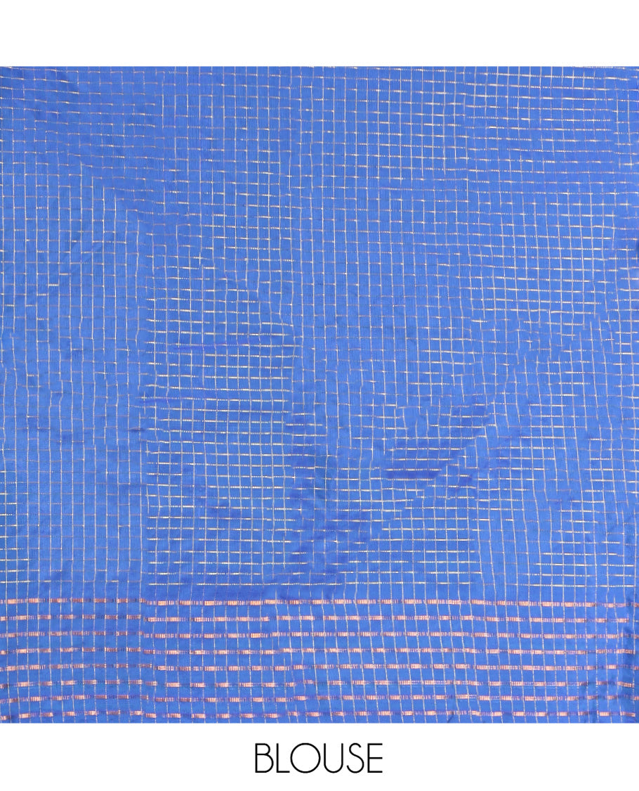 Blue Aarani Gift Saree, Highlighted by a Geometric Checked Design, Self-Border, Pallu of Stripes, and Paired with a Matching Blouse