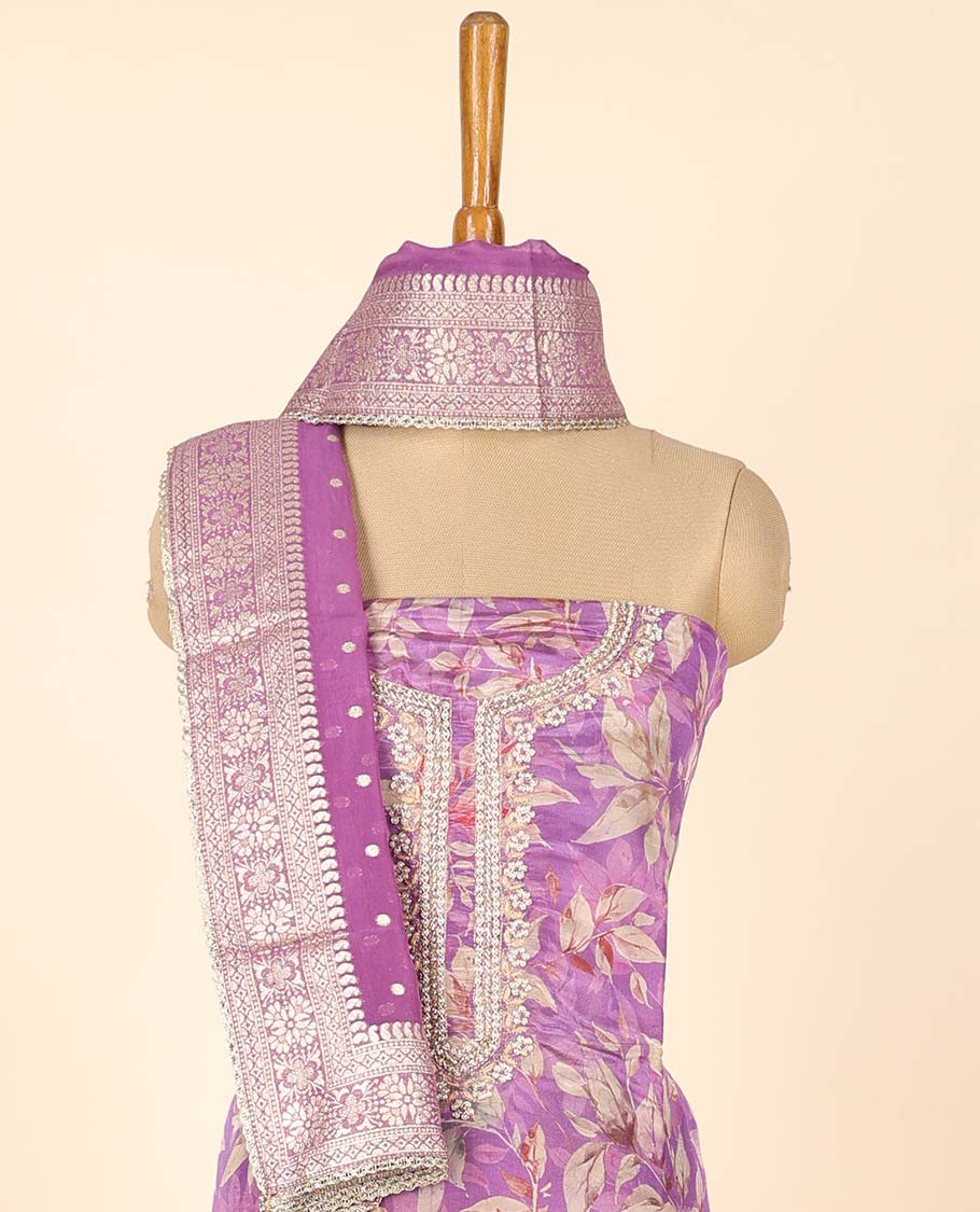 Purple material chudidhar set, floral print & embroidered top, plain bottom & buttas dupatta