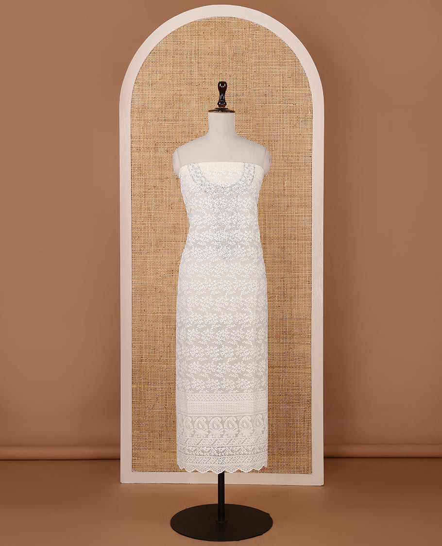 Cream chudidar material set,floral Schiffli chikankari embroidery, georgette top & vine chikankari embroidery & sequins work dupatta
