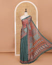 Green geometric patterns kaleidoscope-colored printed & mirror embroidered half-&-half masakali saree, printed border & pallu of embroidery work & plain blouse
